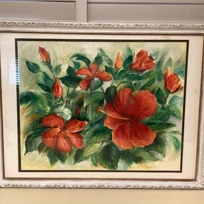 MTH084 Original Framed Painting Of Hibiscus Flowers