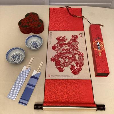 MTH053 Chinese Paper Cut Art Scroll, Red Cinnabar Trinket Dish & More!