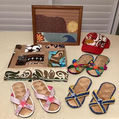 MTH057 Hawaiian Patchwork Blanket , Woven House Slippers, Framed Patchwork Picture & Baseball Cap