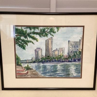 MTH130 Framed Original Watercolor Painting Of The Ala Wai Canal