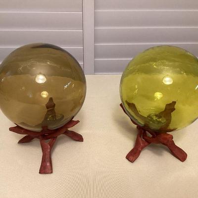 MTH072 Two Large Curio Glass Floats With Wooden Stands