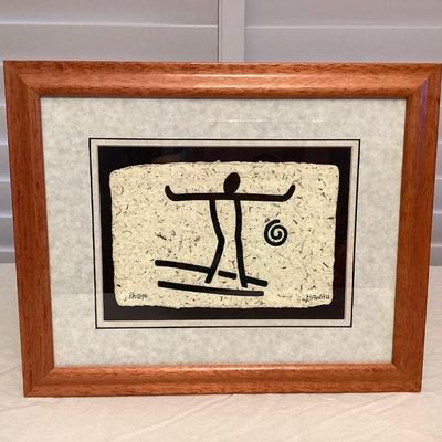 MTH113 Framed Phillip Miller Hawaiian Petroglyph Surfer Wood Block Print 