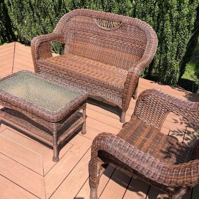 Four piece cocoa wicker patio set: chairs, loveseat and table 