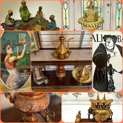 Antique Cold Painted Bronze Sculpture, Middle Eastern Samovars, Pitchers, Ali Baba, etc.
