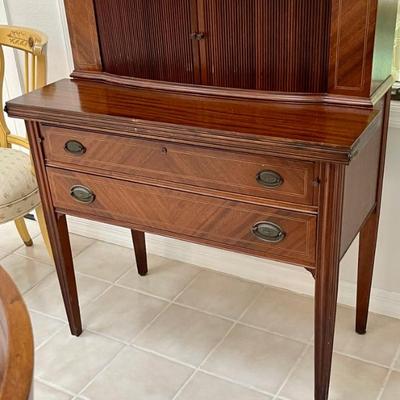 Federal Style Inlaid Mahogany Banded Tambour Writing Desk w/ Glass Top
