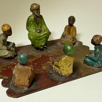 Antique Cold Painted Bronze Sculpture : Arab Teacher and Children on Rug ( Made in Vienna Austria ) 