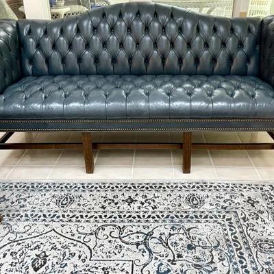 Tufted Blue Leather Chesterfield Camelback Library Sofa