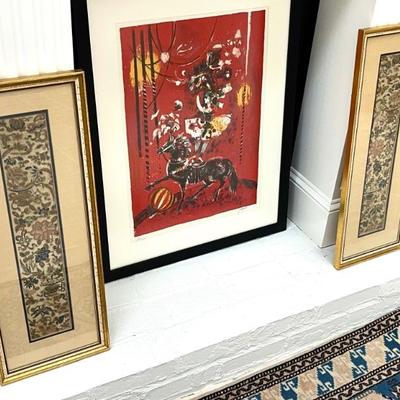 Pair of Framed Antique Chinese Silk Embroidery Panels and a Framed and Signed Lithograph by Pierre Jacquot 