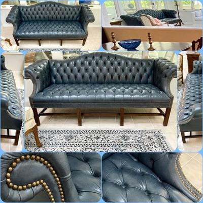 Tufted Blue Leather Chesterfield Camelback Library Sofa