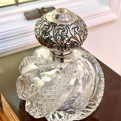 Antique 1891 Cut Crystal Perfume Bottle with Hinged Sterling Silver Lid