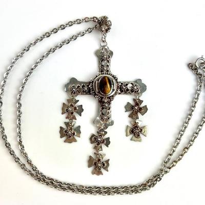 Ornate Sterling Silver Cross Pendant w/ Tiger's Eye Cabochon on a 23