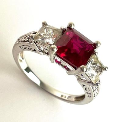 Sterling Silver Princess-Cut Synthetic Ruby Ring w/ CZ Accents - Size 7-3/4