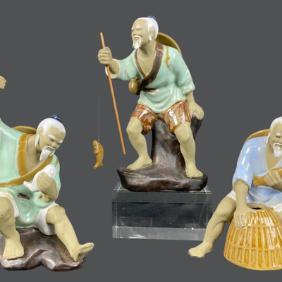 Three Shiwan Mudman Chinese Fishermen Figurines
