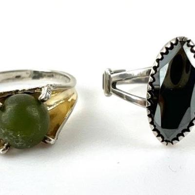 Two Sterling Silver Rings - Rotating
Jade Ball and Elliptical Black-Mirror Stone -
Sizes 7-3/4 and 8