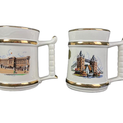 Prince William Souvenir Buckingham
Palace and Tower Bridge Mugs - 22 Carat
Gold Trim