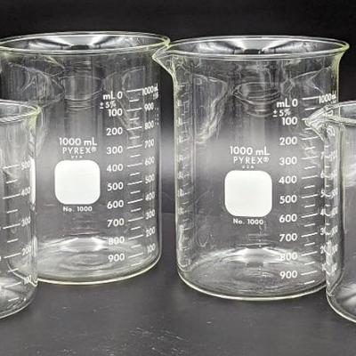 Four Pyrex Low Form Glass Beakers