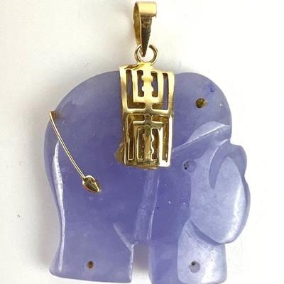 Carved Lilac Jade Elephant Pendant w/10K Gold Accents