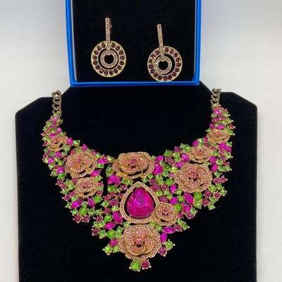 OPC CN Statement Necklace with
Pink and Green Crystal Rhinestones and
Purple Crystal Pierced Earrings