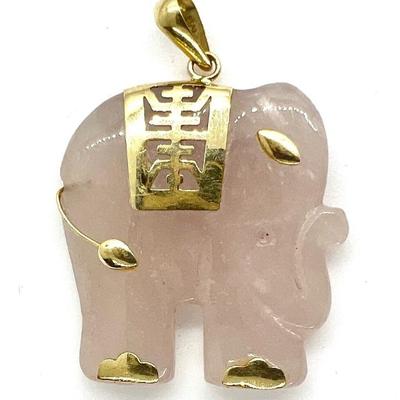 Vintage 14K Yellow Gold and Pink Jade Carved Elephant Pendant