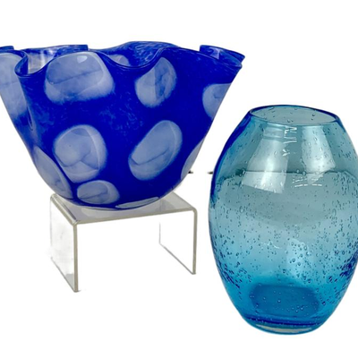  Two Beautiful Blue Art Glass Vessels - Vintage