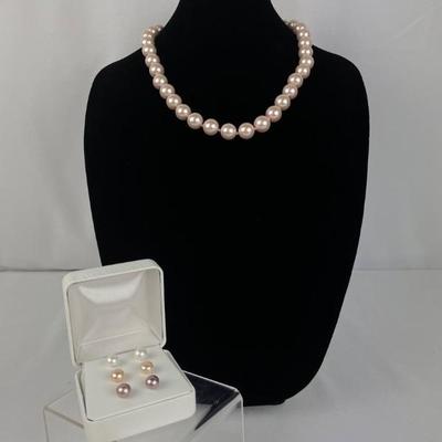Pink Pearl Earrings and Necklace Set