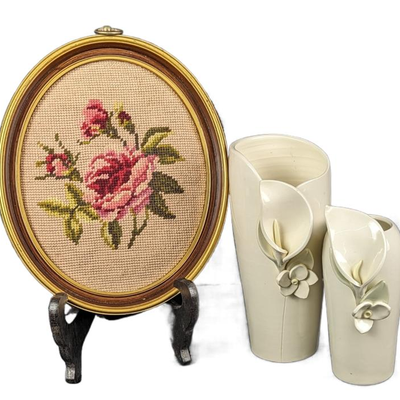 Vintage Signed Ivory Porcelain Vases and Framed Rose Needlepoint