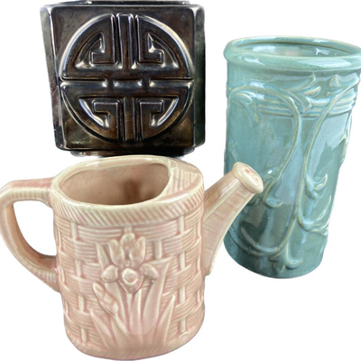  Vintage Shawnee Watering Can Iris
Pottery Planter (USA) & Haeger Square &
Medium Hand Made Glazed Planter