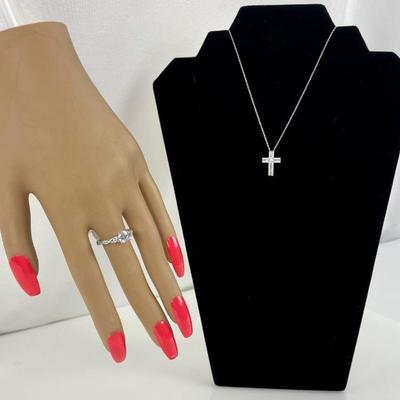Sterling Silver Ring & Cross Necklace with Simulated Diamonds