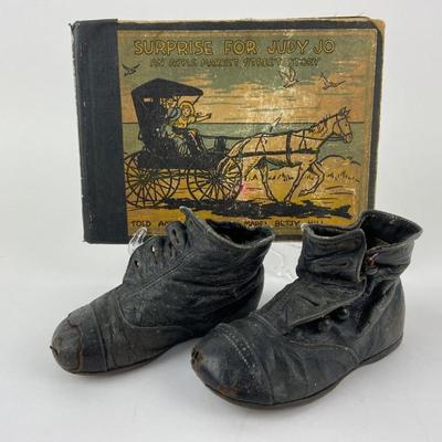 Antique Black Leather Toddler Shoes & 1939 Story Book 