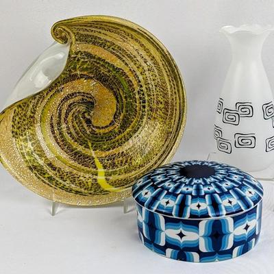Murano 60s Plate, Mid CenturyGlass Vase and Round Glass Ring/Trinket Dish
