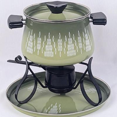 Vintage Mid Century Green Enamel Fondue Pot with Stand and Tray