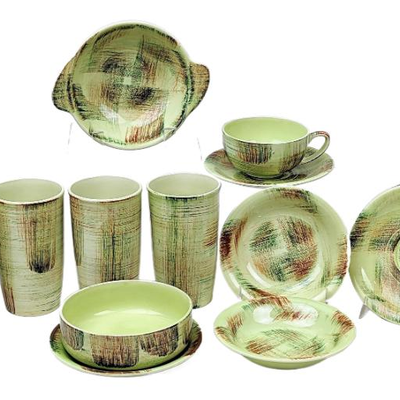Raffia Vernonware Under Glaze MCM
Hand Painted in the USA - Cups & Small
Plates