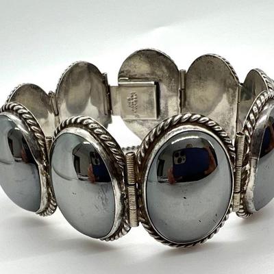 Sterling Silver/Nine Oval Cabochon Hematite Bracelet