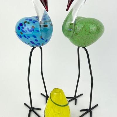 A Pair of Colorful Blown Art Glass Cranes & Art Glass Teardrop Bud Vase