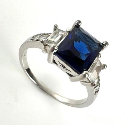 Sterling Silver Ring w/Large Blue Princess-Cut Stone and CZ Accents - Size 9