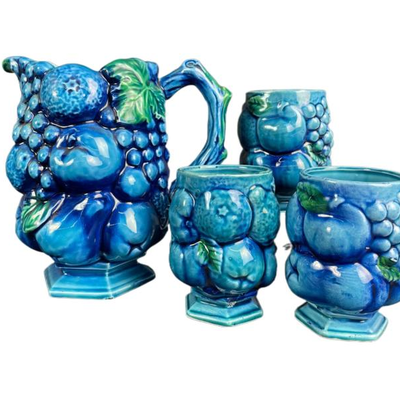 Vintage Inarco Mood Blue Indigo Fruit Pitcher And Cups