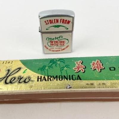 Hero Harmonica M1202 from
Shanghai, China (with box) & Souvenir Metal
Nesor Lighter (Japan)