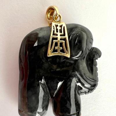 Black Jade Elephant Pendant w/ Gold Saddle and Bail