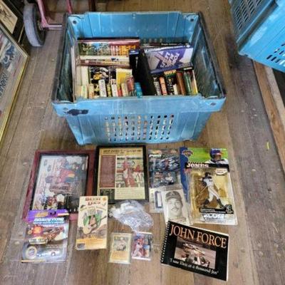 #10740 â€¢ Tote of Signed Sports Book, Figurines & Diecast Cars
