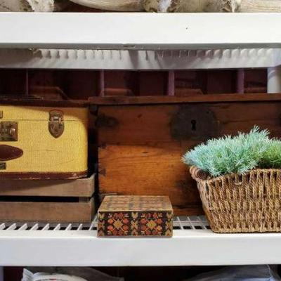#6258 â€¢ Wooden Chest, Crate, Luggage, Jewelry Box and Artifical Plant
