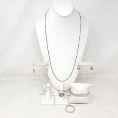 #900 â€¢ Sterling Silver Chain, Ring, Earrings & Bracelet, 82g
