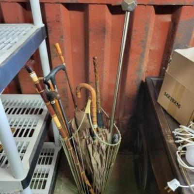 #6584 â€¢ Mid-Century Modern Metal Umbrella Cane Storage Stand w/ Various Canes Walking Sticks & Umb...
