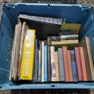 #10032 â€¢ Tote of SIGNED Books, Vinyl Sports Recordings, Cereal Boxes
