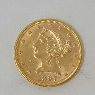 #1200 â€¢ Fine Gold 1897 $5 Dollar Liberty Coin
