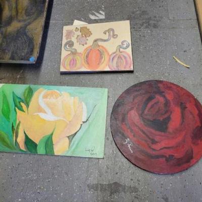 #5482 â€¢ (2) Flower Paintings on Wood & Pumpkin Painting
