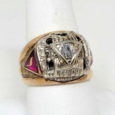 #700 â€¢ 14k Gold Diamond & Ruby Masonic Ring, 13g
