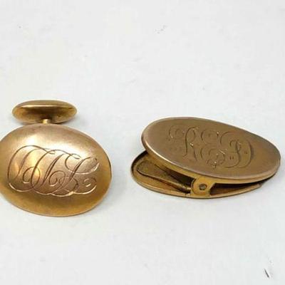 #822 â€¢ 10k Gold Engraved Cufflink & Clip, 4g
