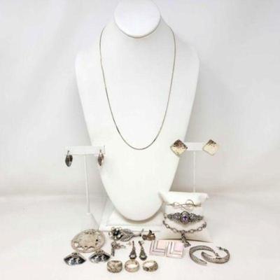 #912 â€¢ Sterling Silver Earrings, Pins, Rings & Chain, 115g
