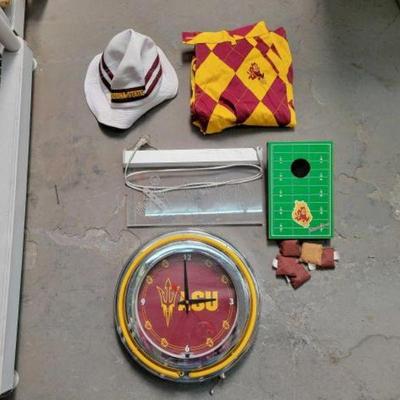 #2058 â€¢ Arizona State University Clock, Mini Corn Hole, Hat & Shorts
