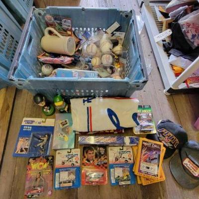 #10744 â€¢ Box of Signed Figurines, Baseballs, Cassettes & Collectors
